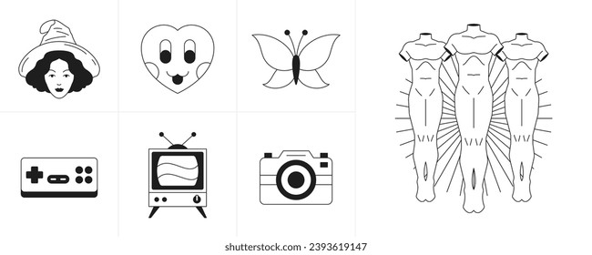 Trendy surreal retro groovy cartoon characters and elements monochrome icon set vector illustration. Psychedelic minimal line tattoo witch heart butterfly gamepad tvset photo camera sculpture