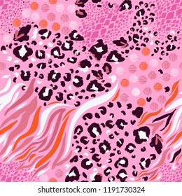 Trendy sweet Mix animal skin prints ,Leopard, snake, zebra, tiger safari africa seamless pattern vector design for fashion,fabric and all prints on pink  background