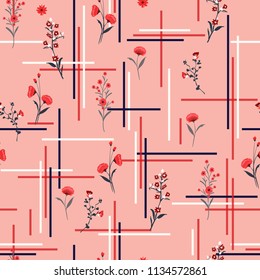 Trendy sweet mood Seamless pattern delicate meadow many kind of  flowers vector with check or grid check for fashion ,wallpaper ,book ETC on pink background