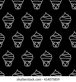 Trendy sweet pattern with hand drawn ice cream. Whimsical vector black and white sweet pattern. Seamless monochrome sweet pattern for fabric, wallpapers, wrapping paper, cards and web backgrounds.
