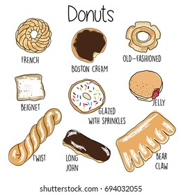 Trendy sweets vector set. Desserts donuts products. Illustrations in sketch style. Hand drawn design elements.