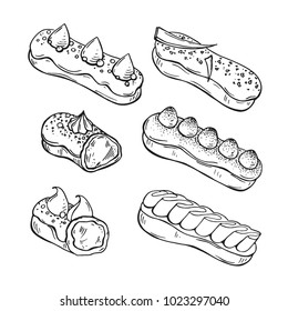 Trendy sweets. Vector sketch of eclairs with glaze and cream on a white background. French dessert