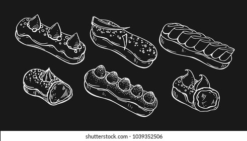 Trendy sweets. Vector sketch of eclairs with glaze and cream on a black background. French dessert