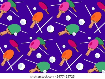 Patrón de tenis de mesa de moda sin fisuras. Textura multicolor de raqueta de tenis y pelota sobre fondo azul. Concepto de diseño plano de Vector de ping pong. Plantilla de diseño brillante para su uso en decoración e impresión.