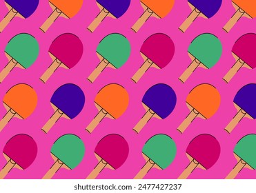 Trendy table tennis seamless pattern. Multicolored texture of a tennis racket on a pink background. Vector flat design vector concept of ping pong. Bright design template for use in decor and printing