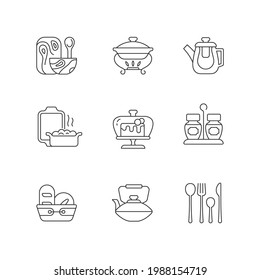 Trendy Tableware Linear Icons Set. Specially Designed Kitchenware. Forks, Knives And Spoons For Dinning. Customizable Thin Line Contour Symbols. Isolated Vector Outline Illustrations. Editable Stroke