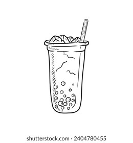 Trendy tasty asian bubble tea with straw and ice cubes in black isolated on white background. Hand drawn vector sketch illustration in doodle vintage 