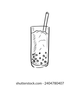 Trendy tasty bubble tea in black isolated on white background. Hand drawn vector sketch illustration in doodle vintage engraved style. Cute ice drink