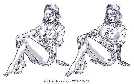 Chica de tatuaje de moda monocroma sketch de cultura urbana o chicana retrato de mujer en pantalones cortos y gorra posando ilustración vectorial sentada