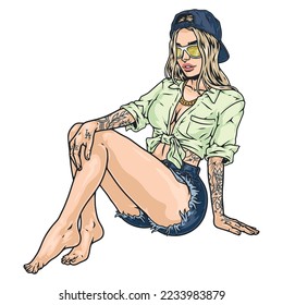 Trendy tattoo girl sketch colorful beauties blonde dressed in shirt and denim shorts posing for magazine or advertisement vector illustration