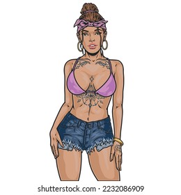 Trendy tattoo woman sketch colorful portrait of cheeky girl in bra and shorts for gangsta or bandit concept vector illustration