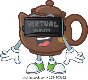 Trendy teapot character wearing Virtual reality headset