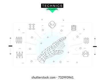 Trendy technics Innovation systems layouts in polygonal contour line composition, future analysis and technology operations. Made in awesome realy geometry style with linear pictogram of future design