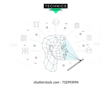 Trendy technics Innovation systems layouts in polygonal contour line composition, future analysis and technology operations. Made in awesome realy geometry style with linear pictogram of future design