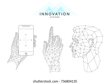 Trendy technics Innovation systems layouts in polygon contour line composition, future analysis and technology operations. Made in awesome really geometry style with linear pictogram of future design