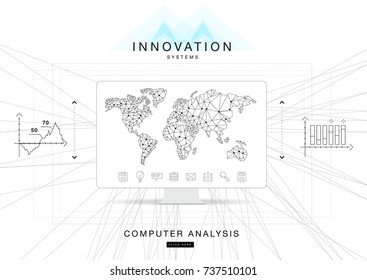 Trendy technics Innovation systems layouts in polygon contour line composition, future analysis and technology operations. Made in awesome really geometry style with linear pictogram of future design