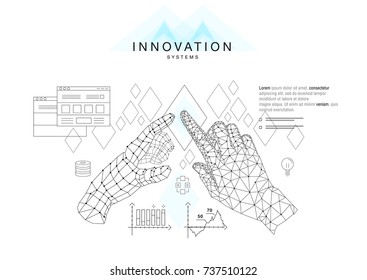 Trendy technics Innovation systems layouts in polygon contour line composition, future analysis and technology operations. Made in awesome really geometry style with linear pictogram of future design