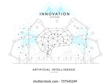 Trendy technics Innovation systems layouts in polygon contour line composition, future analysis and technology operations. Made in awesome really geometry style with linear pictogram of future design