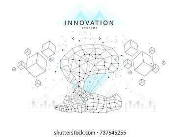 Trendy technics Innovation systems layouts in polygon contour line composition, future analysis and technology operations. Made in awesome really geometry style with linear pictogram of future design