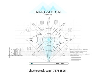 Trendy technics Innovation systems layouts in polygon contour line composition, future analysis and technology operations. Made in awesome really geometry style with linear pictogram of future design