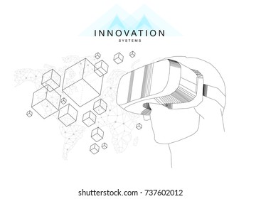 Trendy technics Innovation systems layouts in polygon contour line composition, future analysis and technology operations. Made in awesome really geometry style with linear pictogram of future design