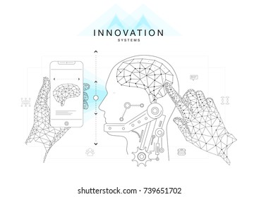 Trendy technics Innovation systems layouts in polygon contour line composition, future analysis and technology operations. Made in awesome really geometry style with linear pictogram of future design