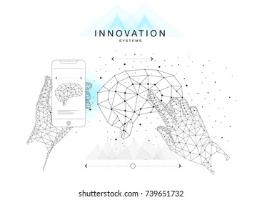 Trendy technics Innovation systems layouts in polygon contour line composition, future analysis and technology operations. Made in awesome really geometry style with linear pictogram of future design