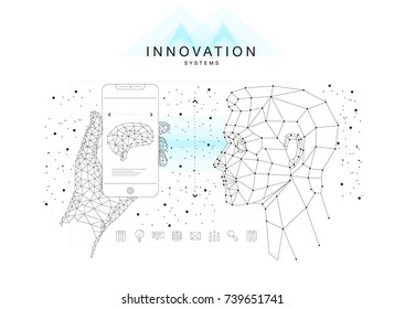 Trendy technics Innovation systems layouts in polygon contour line composition, future analysis and technology operations. Made in awesome really geometry style with linear pictogram of future design