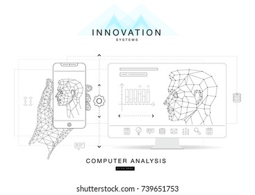 Trendy technics Innovation systems layouts in polygon contour line composition, future analysis and technology operations. Made in awesome really geometry style with linear pictogram of future design