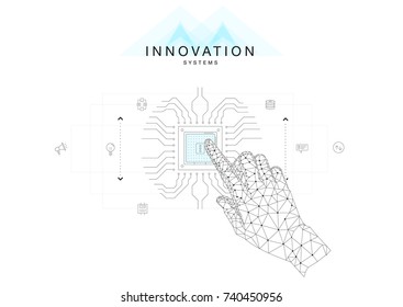 Trendy technics Innovation systems layouts in polygon contour line composition, future analysis and technology operations. Made in awesome really geometry style with linear pictogram of future design