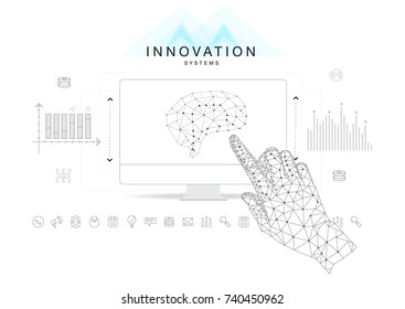 Trendy technics Innovation systems layouts in polygon contour line composition, future analysis and technology operations. Made in awesome really geometry style with linear pictogram of future design