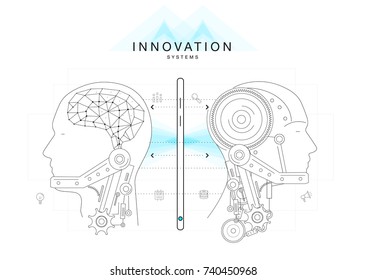 Trendy technics Innovation systems layouts in polygon contour line composition, future analysis and technology operations. Made in awesome really geometry style with linear pictogram of future design