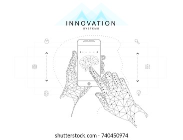 Trendy technics Innovation systems layouts in polygon contour line composition, future analysis and technology operations. Made in awesome really geometry style with linear pictogram of future design