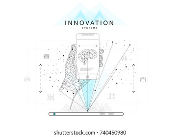 Trendy technics Innovation systems layouts in polygon contour line composition, future analysis and technology operations. Made in awesome really geometry style with linear pictogram of future design