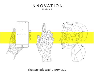 Trendy technics Innovation systems layouts in polygon contour line composition, future analysis and technology operations. Made in awesome really geometry style with linear pictogram of future design