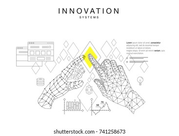 Trendy technics Innovation systems layouts in polygon contour line composition, future analysis and technology operations. Made in awesome really geometry style with linear pictogram of future design