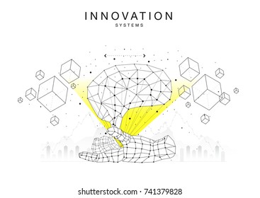 Trendy technics Innovation systems layouts in polygon contour line composition, future analysis and technology operations. Made in awesome really geometry style with linear pictogram of future design
