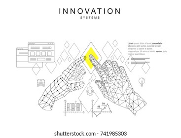 Trendy technics Innovation systems layouts in polygon contour line composition, future analysis and technology operations. Made in awesome really geometry style with linear pictogram of future design