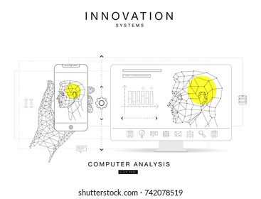 Trendy technics Innovation systems layouts in polygon contour line composition, future analysis and technology operations. Made in awesome really geometry style with linear pictogram of future design