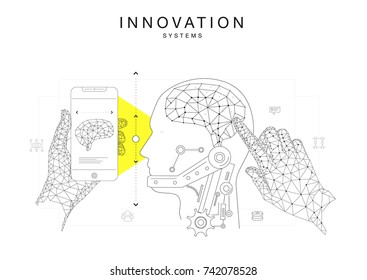 Trendy technics Innovation systems layouts in polygon contour line composition, future analysis and technology operations. Made in awesome really geometry style with linear pictogram of future design