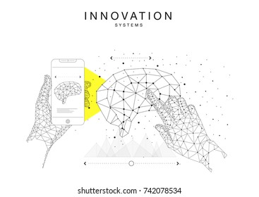 Trendy technics Innovation systems layouts in polygon contour line composition, future analysis and technology operations. Made in awesome really geometry style with linear pictogram of future design