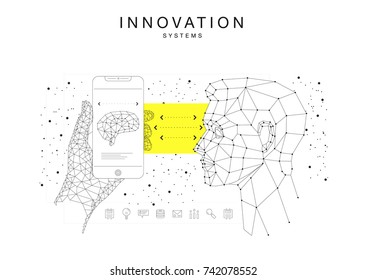 Trendy technics Innovation systems layouts in polygon contour line composition, future analysis and technology operations. Made in awesome really geometry style with linear pictogram of future design