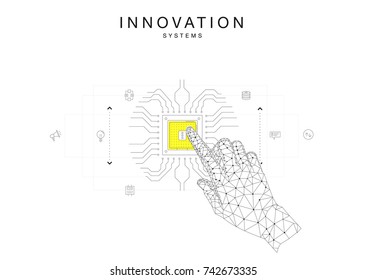 Trendy technics Innovation systems layouts in polygon contour line composition, future analysis and technology operations. Made in awesome really geometry style with linear pictogram of future design