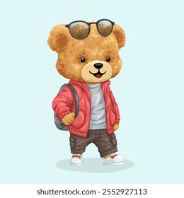 Oso de peluche de moda con mochila y gafas de sol, Ilustración vectorial