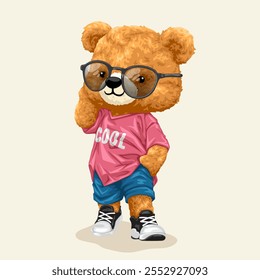 Urso de pelúcia na moda em rosa "Cool" Camisa e Óculos, ilustração vetorial