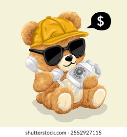 Oso de peluche de moda con el teléfono de Antiguas y la burbuja del pensamiento del símbolo del dinero, Ilustración vectorial