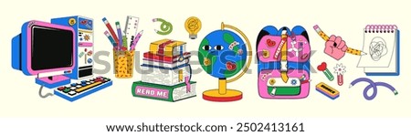 Trendy teen set of elements on a back to school theme in a retro linear style. Vector illustration of a school backpack, y2k aesthetics desktop computer, and other office supplies.
