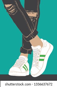 Trendy teen wearing sneakers and ripped jeans. Vector illustration.