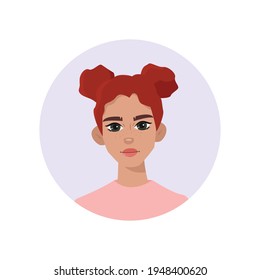 Trendy teenage girl vector illustration. Flat style character - young zoomer female with two bun odango hairstyle and freckles. Fashion, blogging, gen Z concepts.