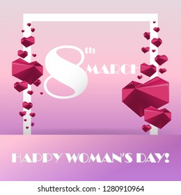 Trendy Template 8 March. Lilac, purple, pink and white greeting card . International Happy Women's Day. Paper cut hearts and chamomile flower holiday background with square frame vector illustration